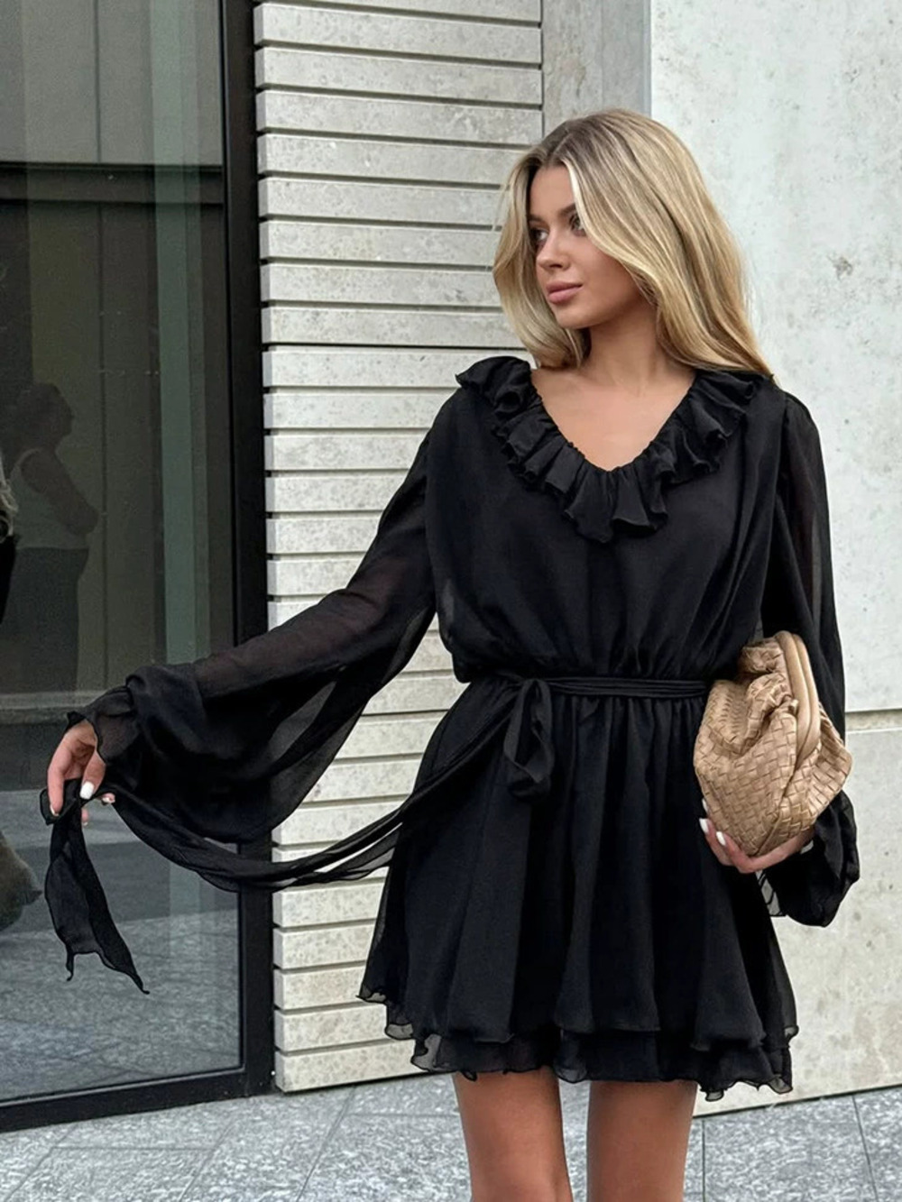Forever 21 Palace Chiffon Mini Dress Tie Bow Long Sleeve Ruffle Hem